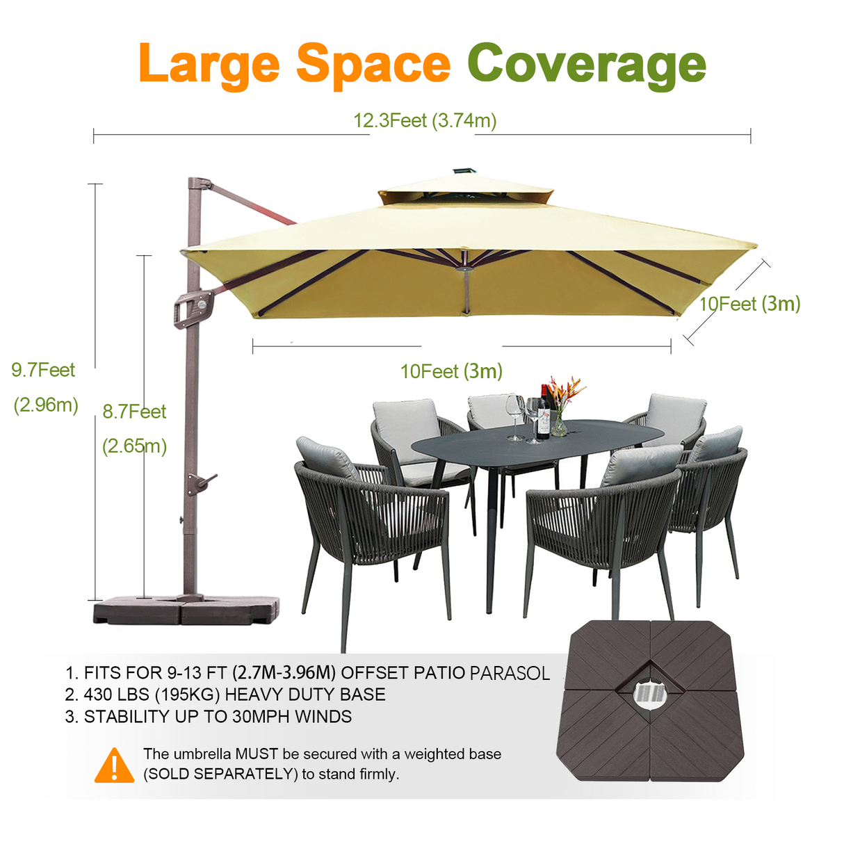 Patioslife Aegis Pro™,Cantilever Parasol,Base Included,Protective Cover,Fibreglass Ribs,Powder-Coated Aluminium Pole,Garden Umbrella,Patio Shade,Outdoor Sunshade,Weatherproof,UV Protection,Adjustable Angle,Modern Outdoor Furniture,Contemporary Design,Luxury Patio Accessory,Premium Outdoor Living
,large soace coverage