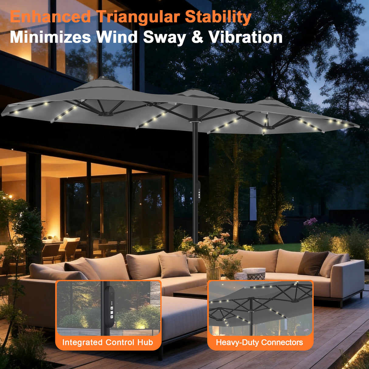 Patioslife Aegis Premium 2.7x4.6m Motorized Garden Parasol — Double-Sided, Remote Control, UPF 50+, Solar LED Lights & Windproof Frame