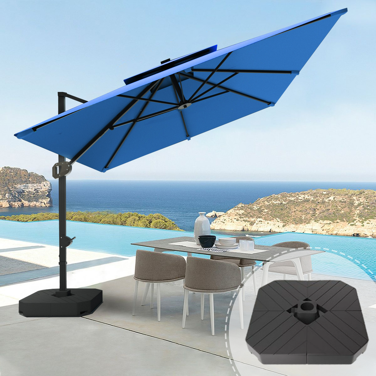 Patioslife Aegis Pro™,Cantilever Parasol,Base Included,Protective Cover,Fibreglass Ribs,Powder-Coated Aluminium Pole,Garden Umbrella,Patio Shade,Outdoor Sunshade,Weatherproof,UV Protection,Adjustable Angle,Modern Outdoor Furniture,Contemporary Design,Luxury Patio Accessory,Premium Outdoor Living