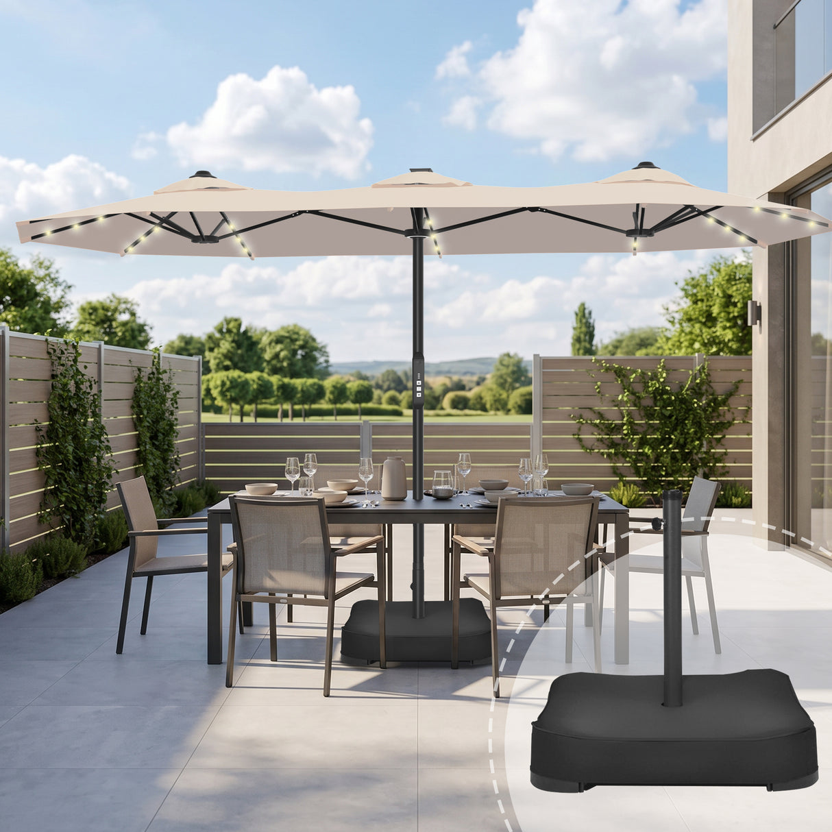 Patioslife Aegis Premium 2.7x4.6m Motorized Garden Parasol — Double-Sided, Remote Control, UPF 50+, Solar LED Lights & Windproof Frame