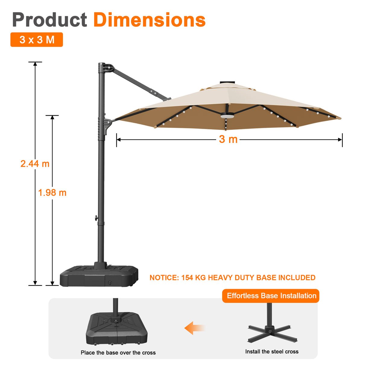 Patioslife Aegis Pro Round Cantilever Patio Umbrella with Solar LED Lights & Shade Protection