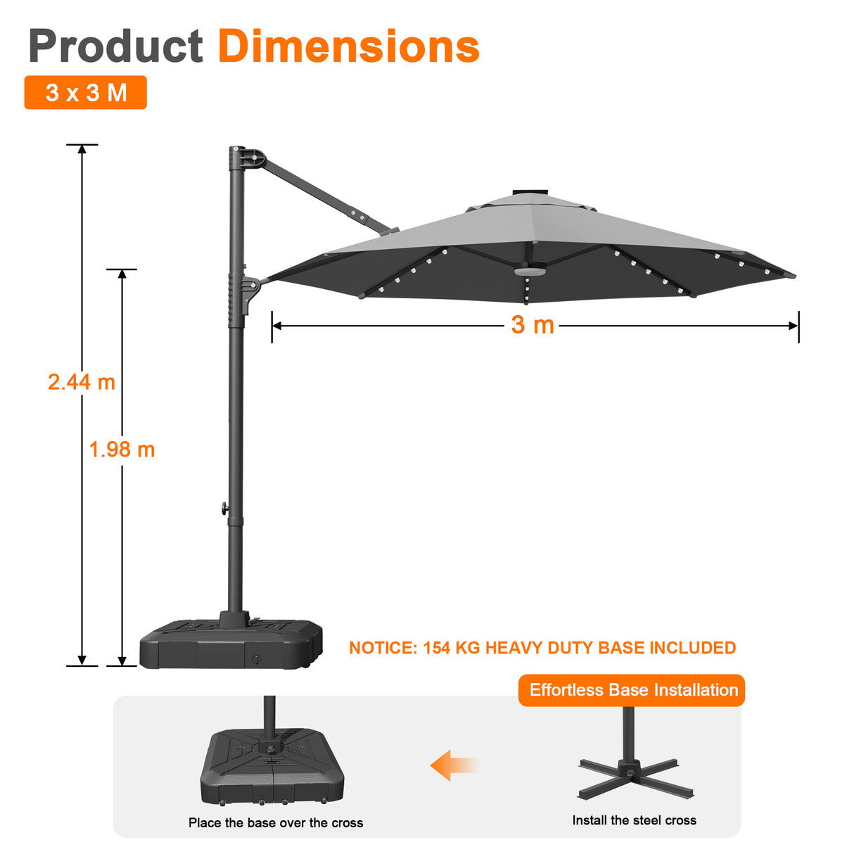 Patioslife Aegis Pro Round Cantilever Patio Umbrella with Solar LED Lights & Shade Protection