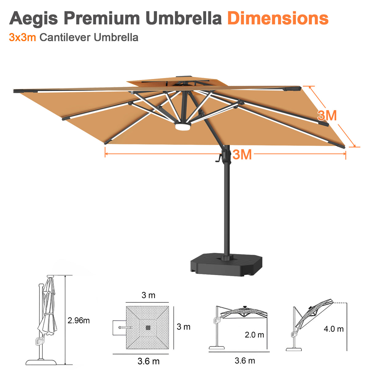Patioslife Aegis Premium 3x3m cantilever umbrella dimensions with tan canopy and offset base