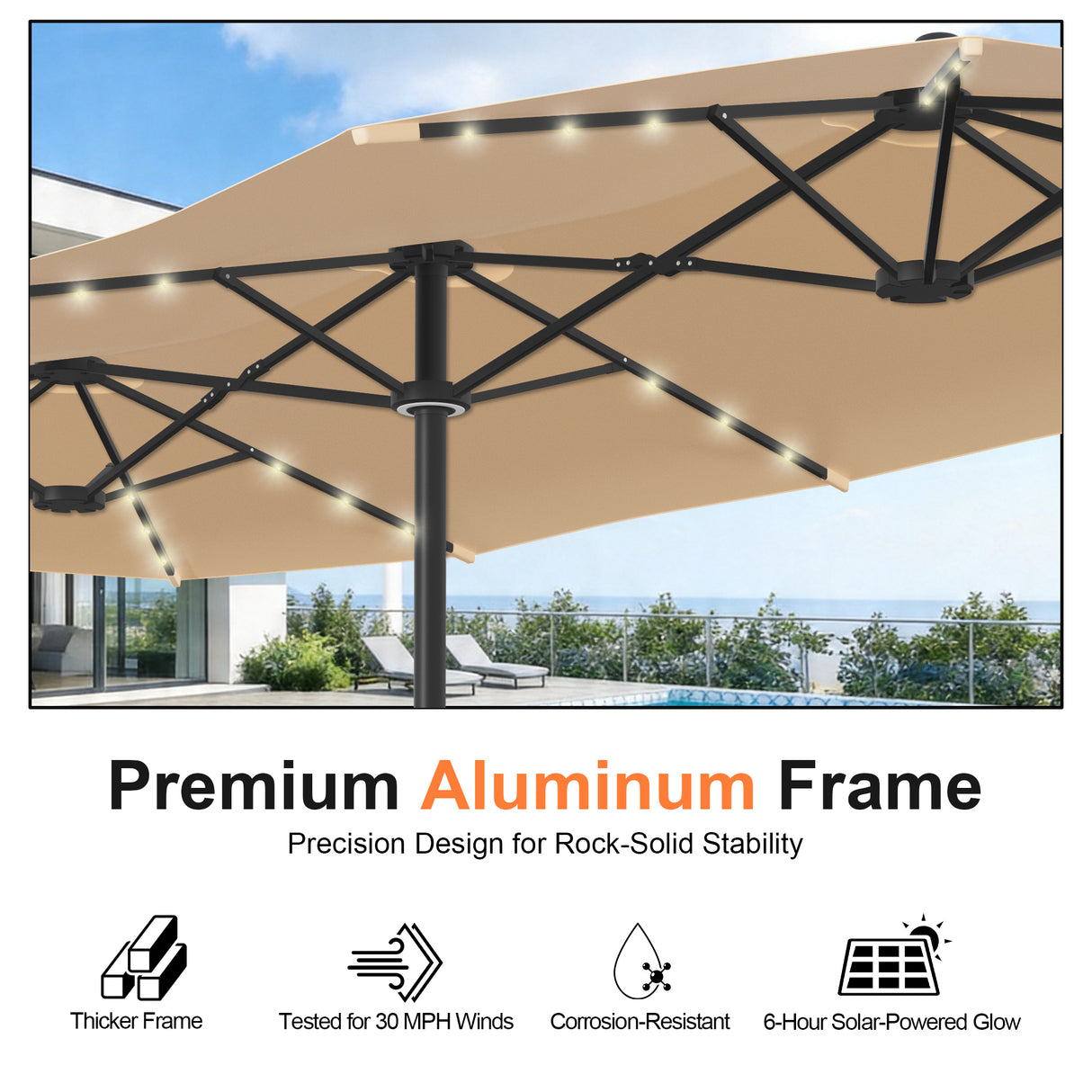 Patioslife Aegis Premium double-sided patio umbrella with premium aluminum frame, solar-powered glow and corrosion-resistant structure