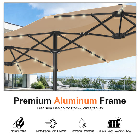 Patioslife Aegis Premium double-sided patio umbrella with premium aluminum frame, solar-powered glow and corrosion-resistant structure