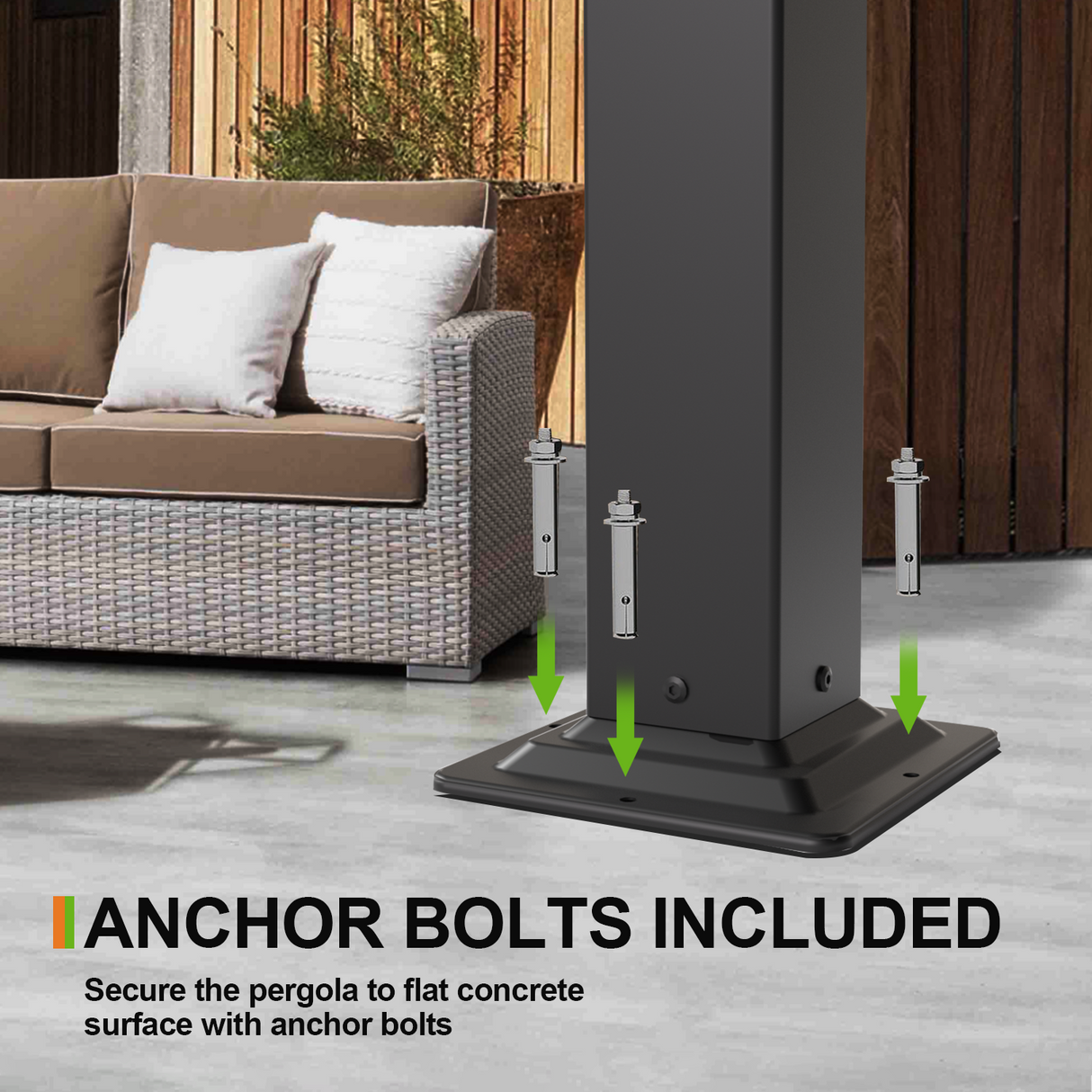 Patioslife Atlantic pergola anchor bolts included for securing the aluminium frame to a flat concrete patio or deck surface