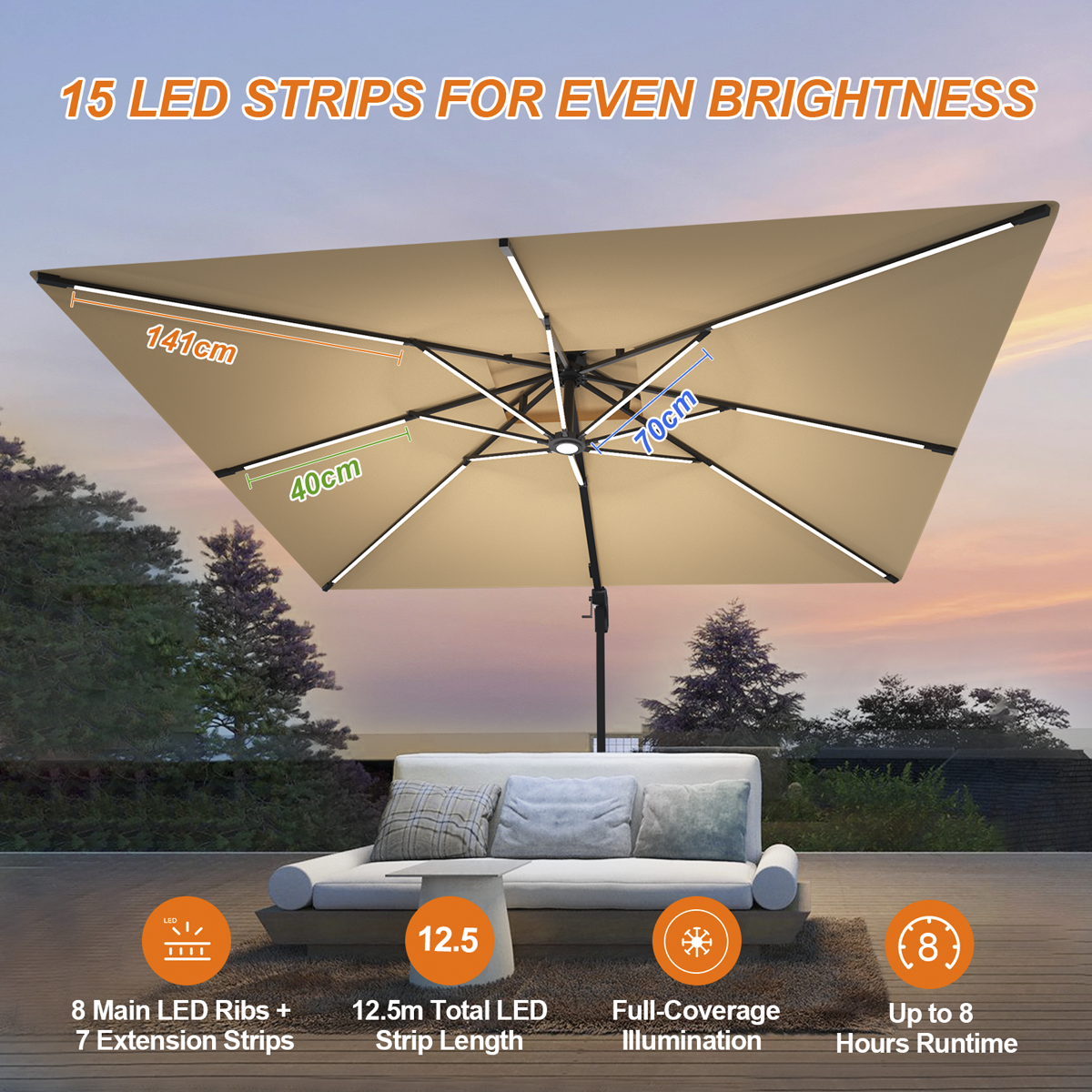 Patioslife Aegis,Cantilever Parasol,LED Strip Lights,Fibreglass Ribs,Powder-Coated Aluminium Pole,Luxury Garden Shade,Patio Umbrella,Outdoor Sunshade,Modern Outdoor Furniture,Weatherproof,UV Protection,Adjustable Angle,Contemporary Design,Premium Outdoor Living,15 led strips for even brightness