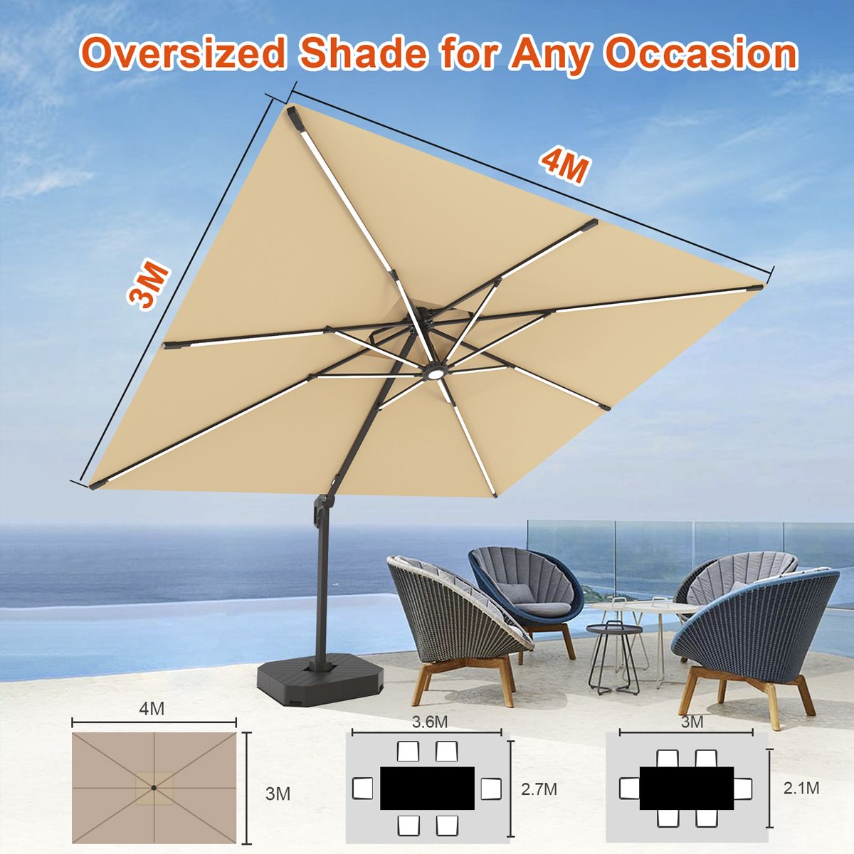 Patioslife Aegis,Cantilever Parasol,LED Strip Lights,Fibreglass Ribs,Powder-Coated Aluminium Pole,Luxury Garden Shade,Patio Umbrella,Outdoor Sunshade,Modern Outdoor Furniture,Weatherproof,UV Protection,Adjustable Angle,Contemporary Design,Premium Outdoor Living