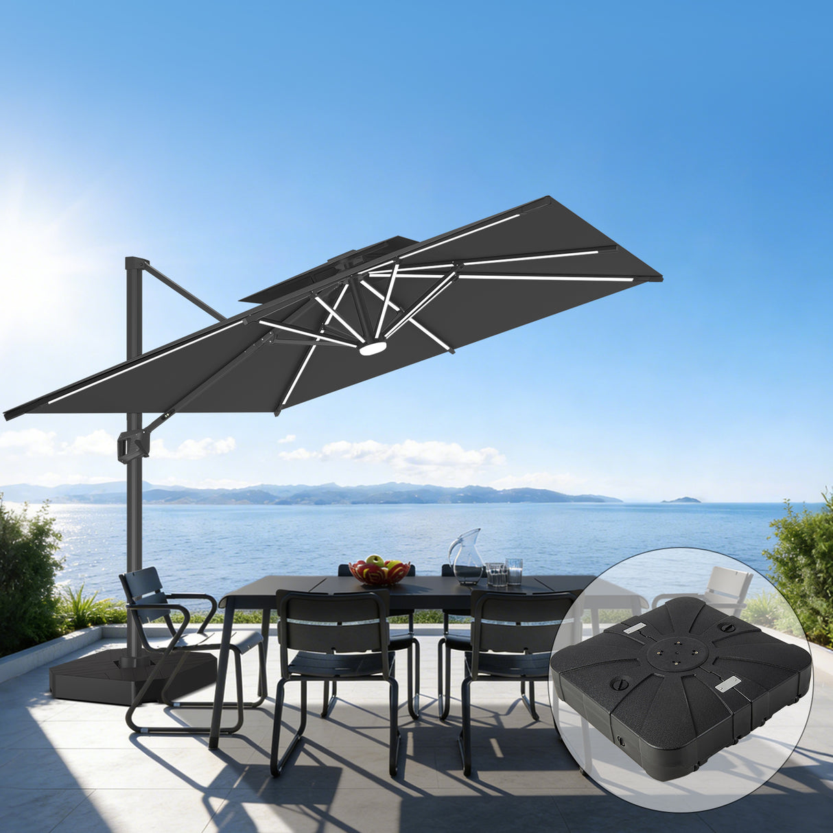 Patioslife black cantilever patio umbrella with weighted base over ocean view dining set