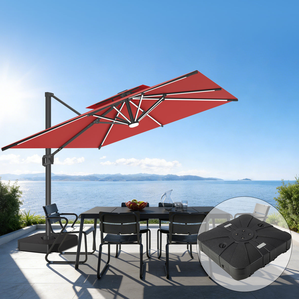 Patioslife burgundy cantilever patio umbrella with weighted base over ocean view dining set