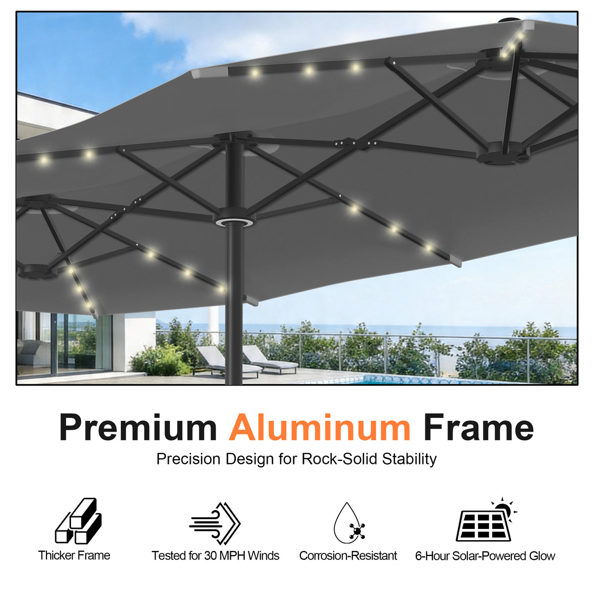 Patioslife Aegis Premium 2.7x4.6m Motorized Garden Parasol — Double-Sided, Remote Control, UPF 50+, Solar LED Lights & Windproof Frame