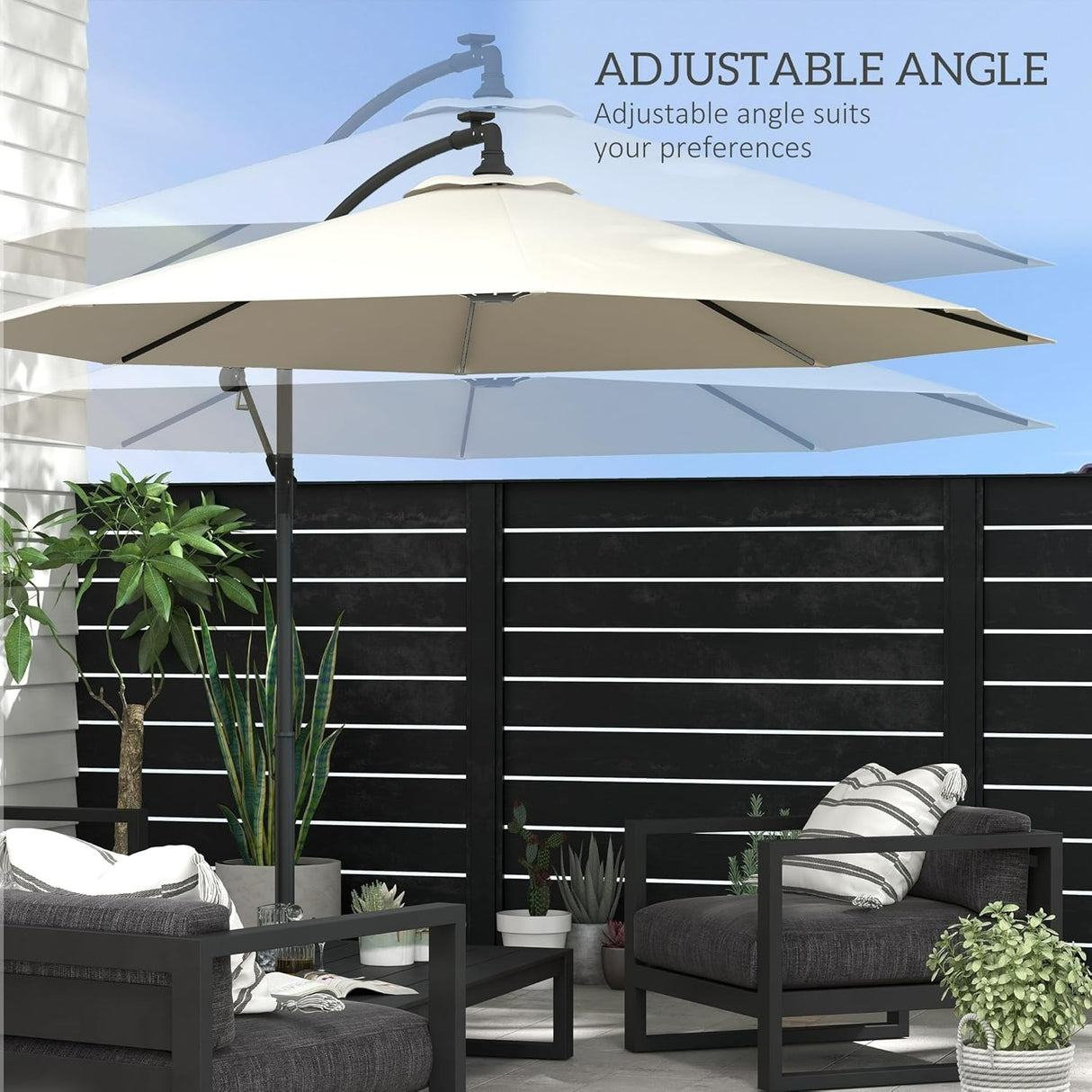 Patioslife cream offset parasol with adjustable angle over outdoor chairs on garden patio