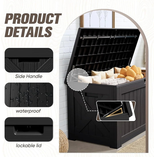 Outdoor deck box product details showing side handle, waterproof resin panels, lockable lid and hydraulic hinge for patio furniture cushions and garden storage
