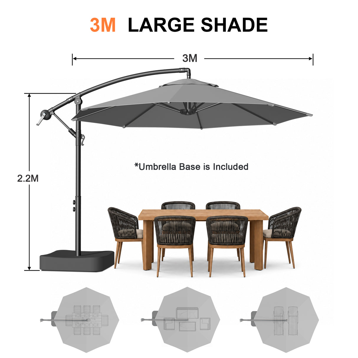 Patioslife Heavy Duty 3M Cantilever Parasol with Base – Premium Outdoor Shade for Patio, Garden & Backyard Living