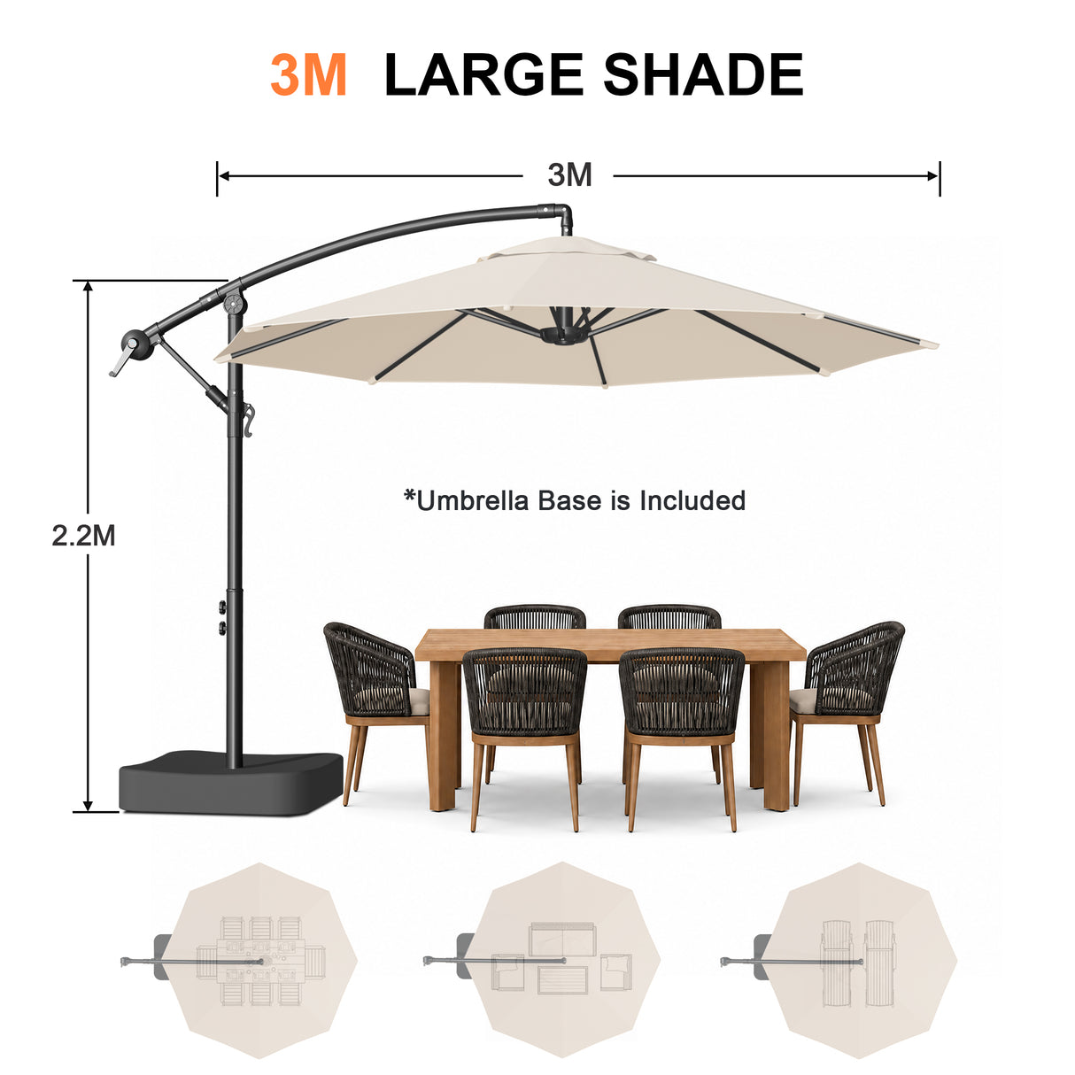 Patioslife Heavy Duty 3M Cantilever Parasol with Base – Premium Outdoor Shade for Patio, Garden & Backyard Living