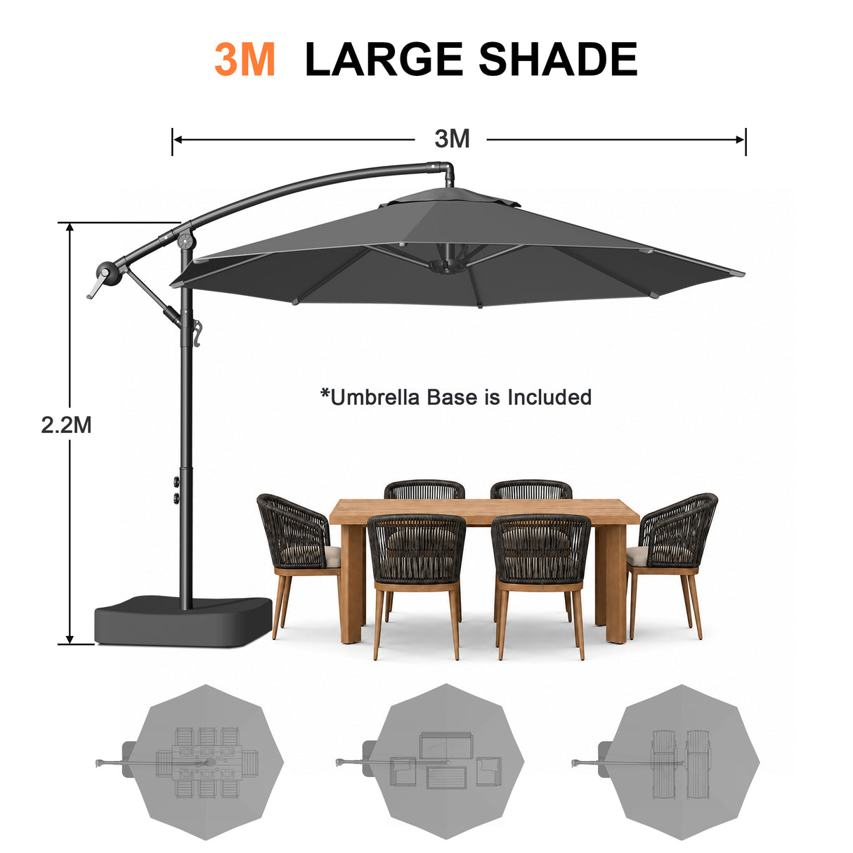 Patioslife Heavy Duty 3M Cantilever Parasol with Base – Premium Outdoor Shade for Patio, Garden & Backyard Living