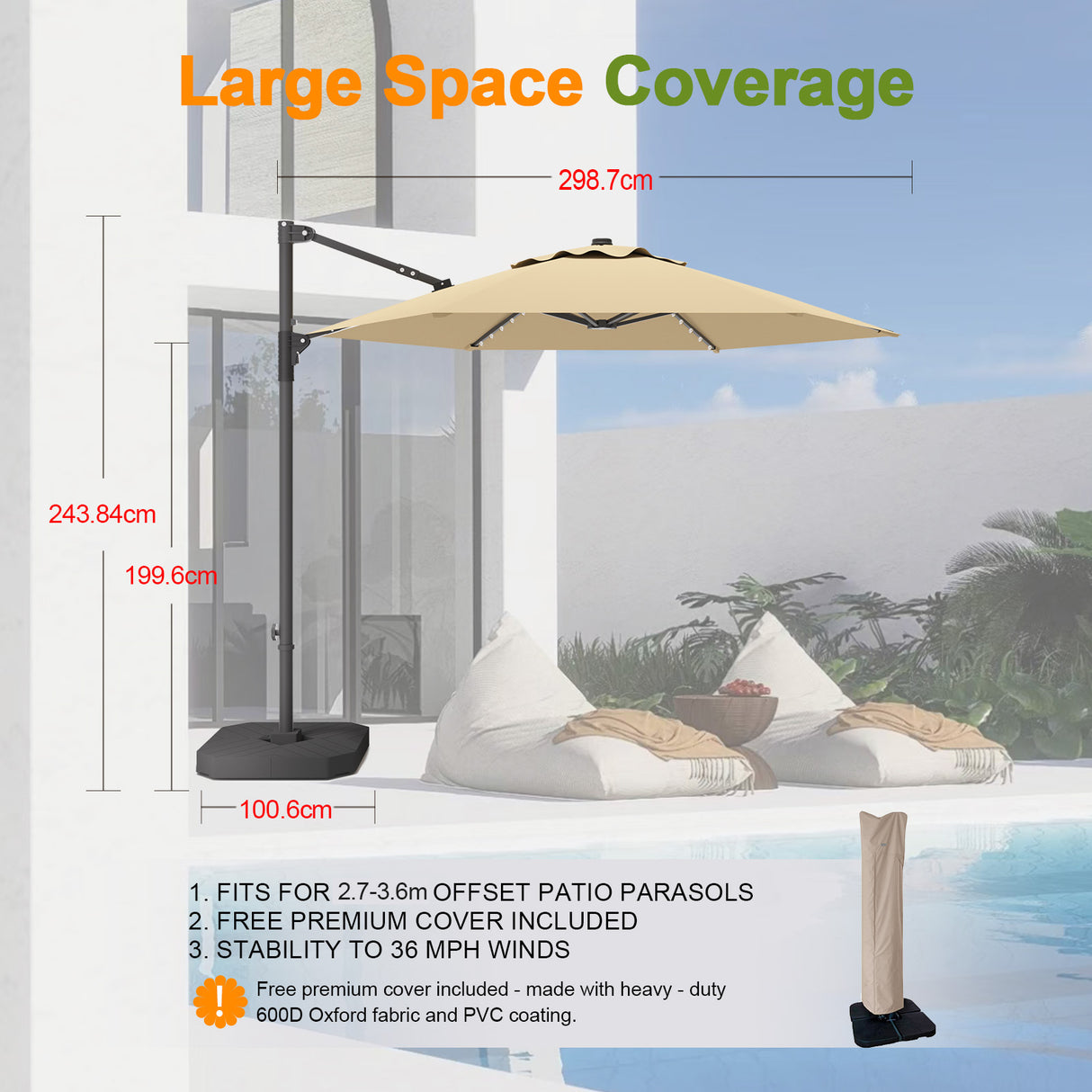 Patioslife Aegis Pro™,Round Cantilever Parasol,All-in-One Shade,Solar LED Lights,Premium Protective Cover,Large Base,Patio Umbrella,Garden Parasol,Outdoor Sunshade,Weatherproof,UV Protection,Adjustable Angle,Modern Outdoor Furniture,Luxury Patio Accessory,Contemporary Design,Premium Outdoor Living
,large space coverage