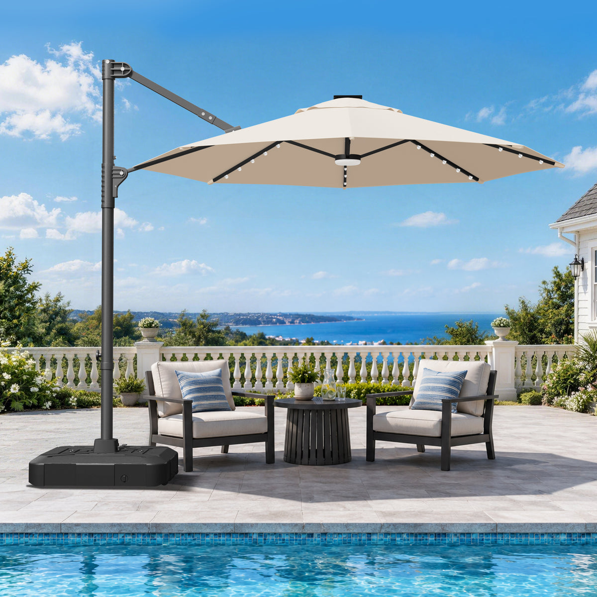 Patioslife Aegis Pro Round Cantilever Patio Umbrella with Solar LED Lights & Shade Protection