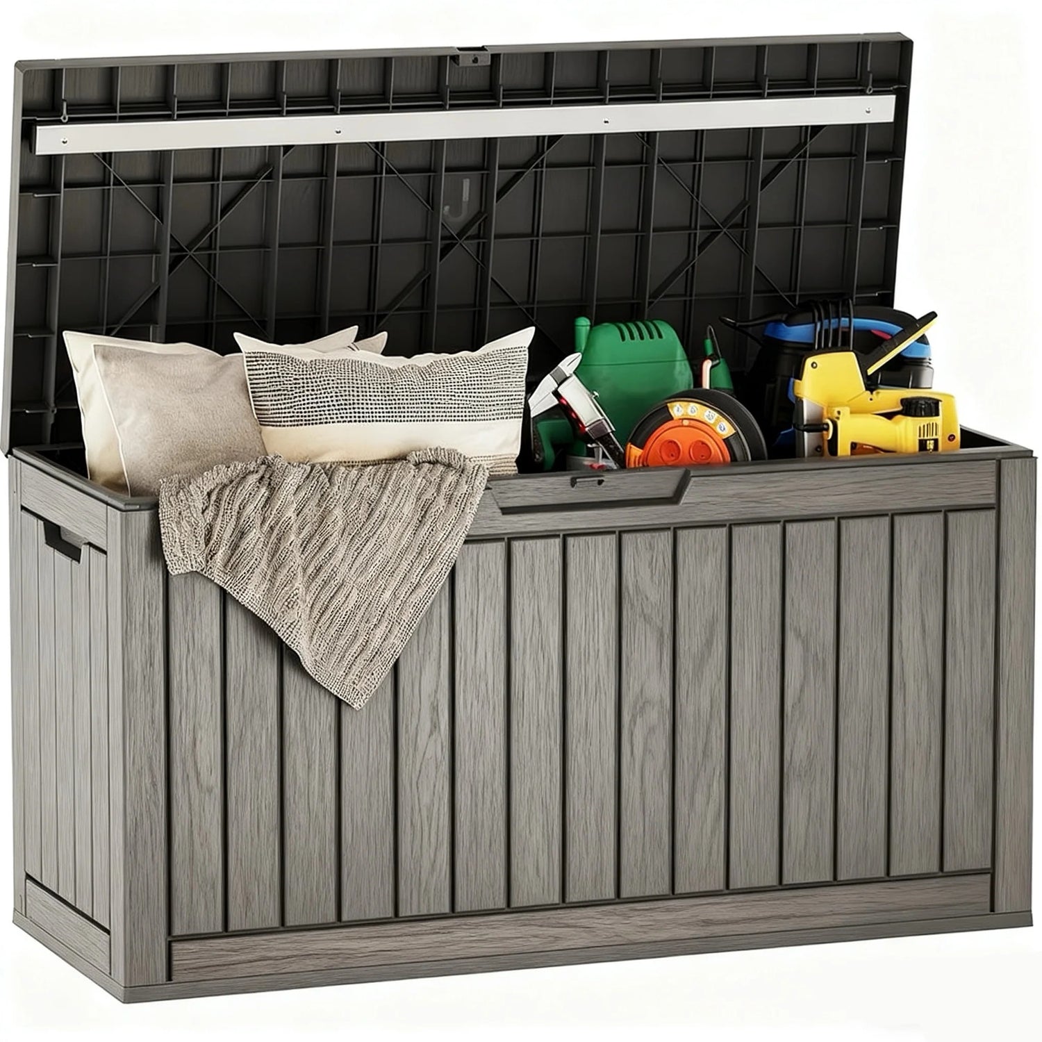 Waterproof Resin Outdoor Storage Box – 60, 90, and 120 Gallon Sizes – Lockable, UV Resistant Deck Storage Bin for Patio Cushions, Gardening Tools, and More – Grey