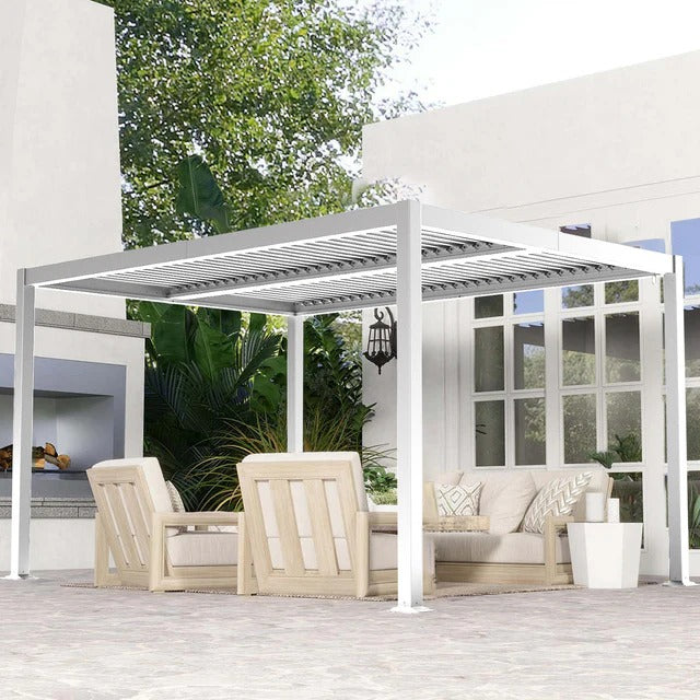 Patioslife Atlantic™,Louvered Pergola,Aluminium Frame,Adjustable Roof,Built-In LED Lights,Freestanding Design,All-Weather Shelter,Deck Pergola,Patio Pavilion,Poolside Shade,Outdoor Entertaining,Weatherproof,Sunshade & Rain Protection,Modern Outdoor Furniture,Luxury Patio Structure,Contemporary Design,Premium Outdoor Living,white