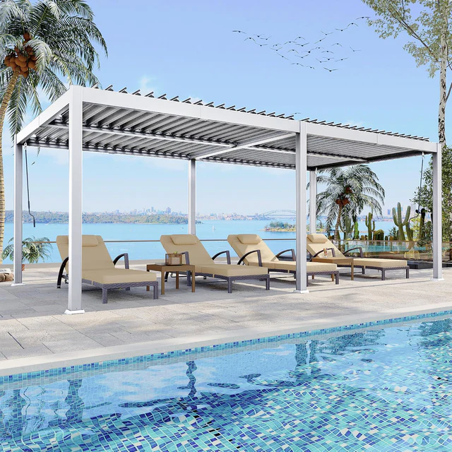 Patioslife Atlantic™,Louvered Pergola,Aluminium Frame,Adjustable Roof,Built-In LED Lights,Freestanding Design,All-Weather Shelter,Deck Pergola,Patio Pavilion,Poolside Shade,Outdoor Entertaining,Weatherproof,Sunshade & Rain Protection,Modern Outdoor Furniture,Luxury Patio Structure,Contemporary Design,Premium Outdoor Living,white
