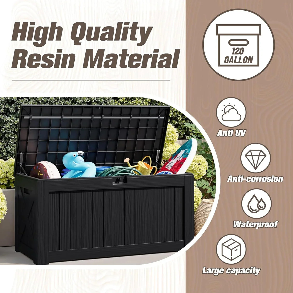 Outdoor deck box made from high quality resin material with 120 gallon capacity, anti UV, anti corrosion, waterproof and large storage design for patio and garden