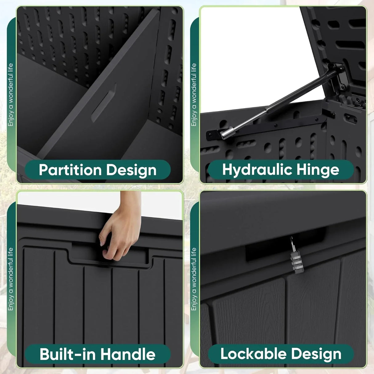 Outdoor deck box close up with partition design, hydraulic hinge, built in handle and lockable design for secure outdoor storage