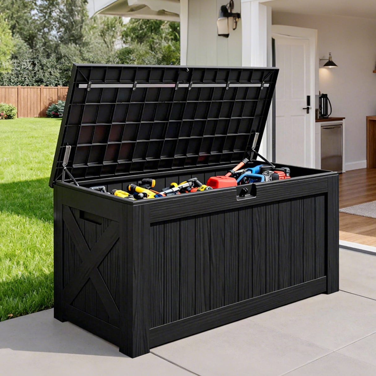 Patioslife black outdoor storage box for tools and patio accessories beside garden entrance