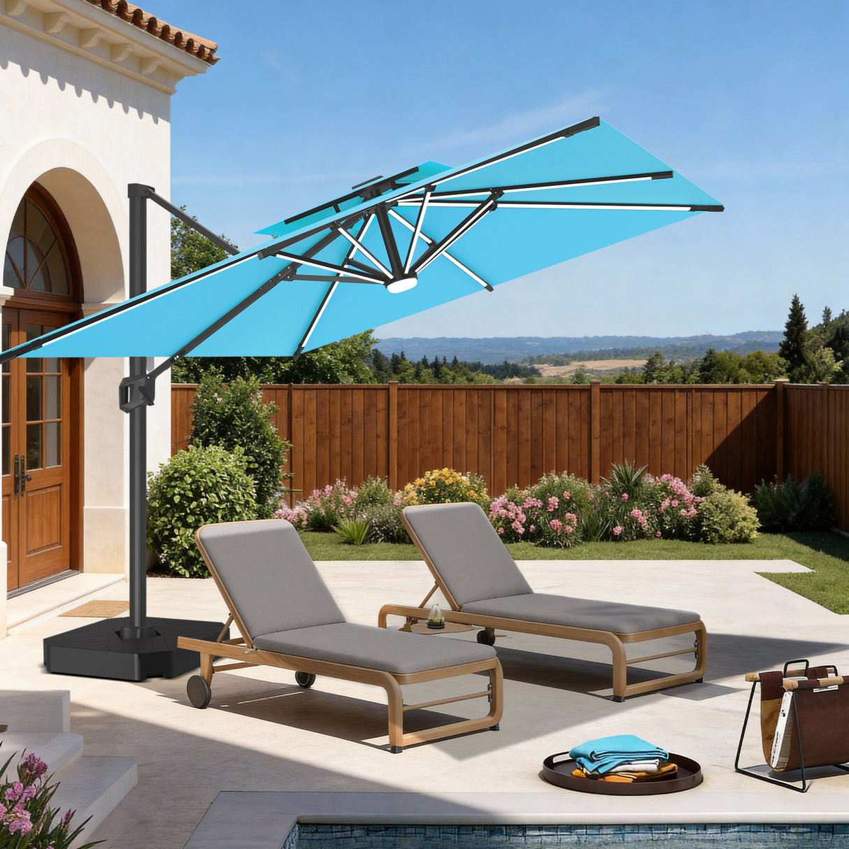 Patioslife turquoise cantilever parasol with LED lights over sun loungers on garden patio