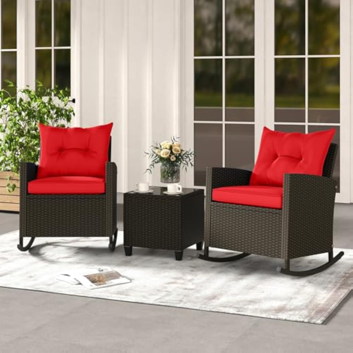 3-Piece Outdoor Wicker Rocking Chair Set – Patio Furniture with Soft Cushions & Glass Coffee Table – Rattan Bistro Set for Porch, Balcony, Garden, or Poolside