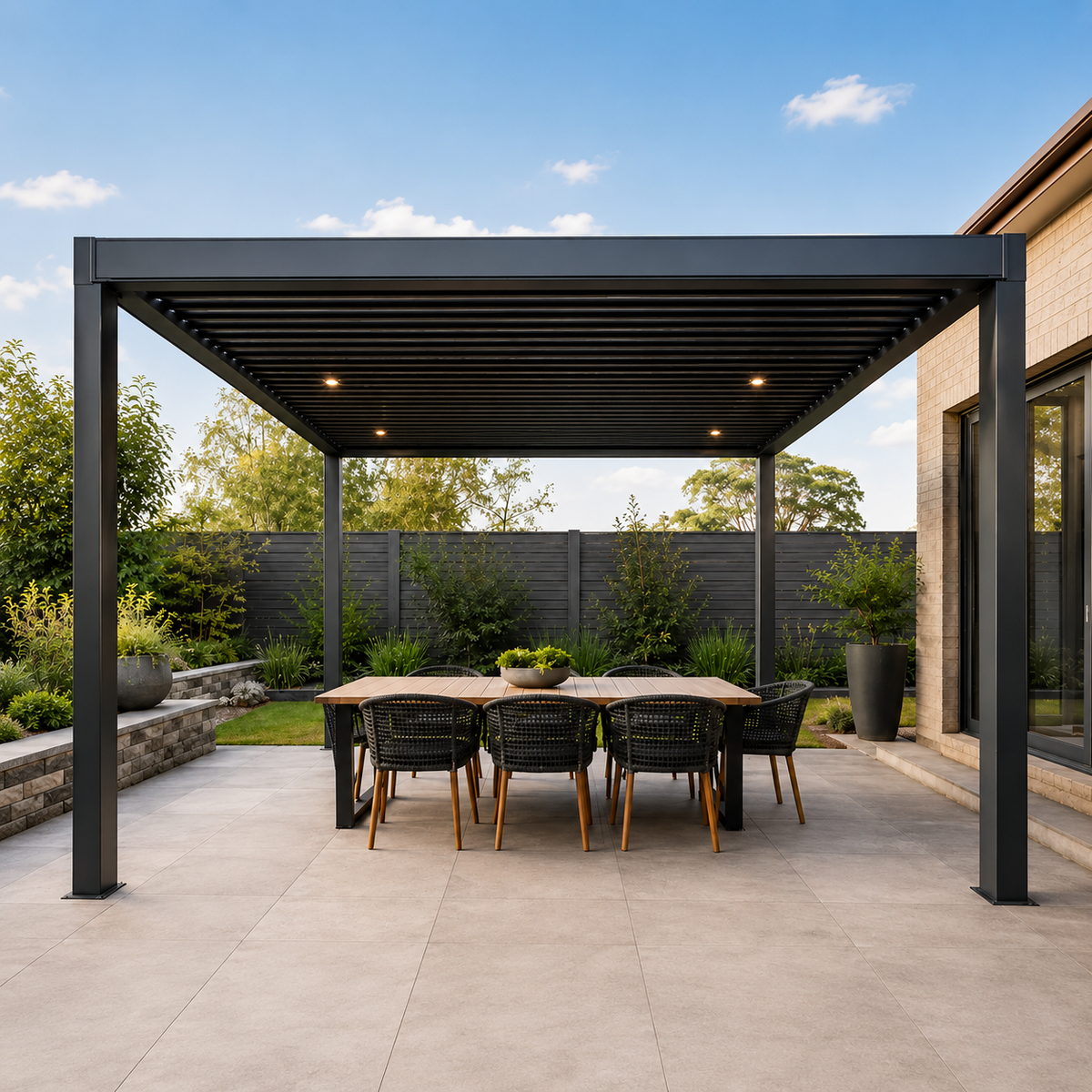 Different types of pergola with roof for UK gardens, including canopy, louvre roof and aluminium pergola designs
