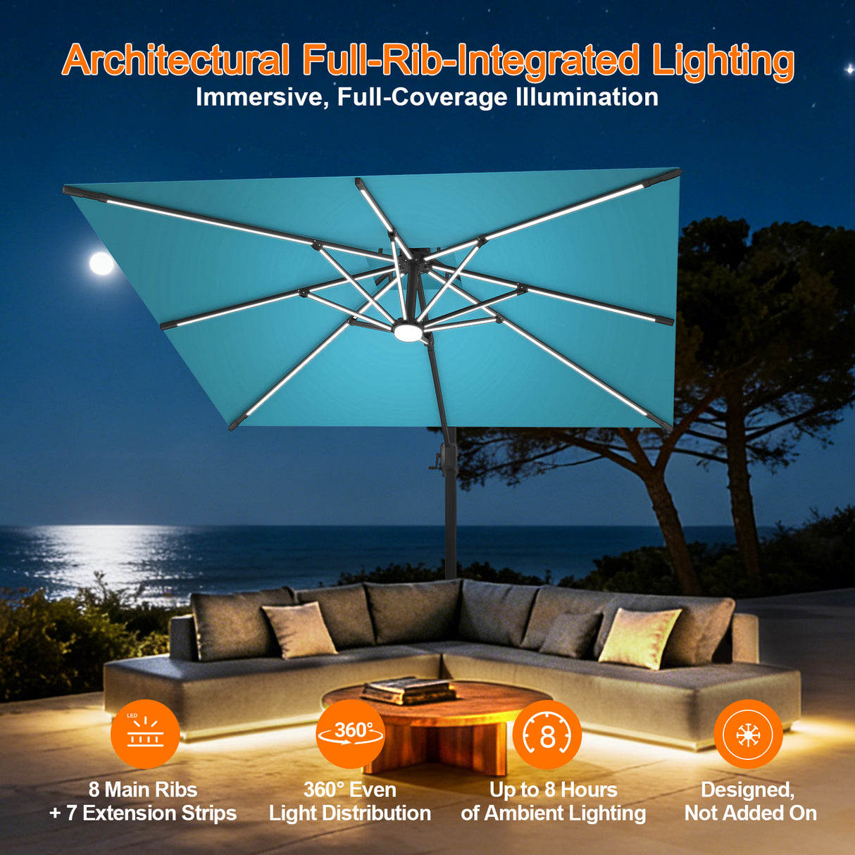 Patioslife Aegis Premium Cantilever Parasol with LED Strip Lights, Fibreglass Ribs & Powder-Coated Aluminium Pole — Luxury Garden & Patio Shade