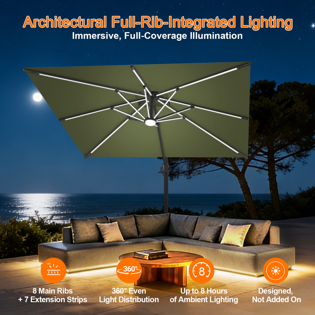 Patioslife Aegis Premium Cantilever Parasol with LED Strip Lights, Fibreglass Ribs & Powder-Coated Aluminium Pole — Luxury Garden & Patio Shade