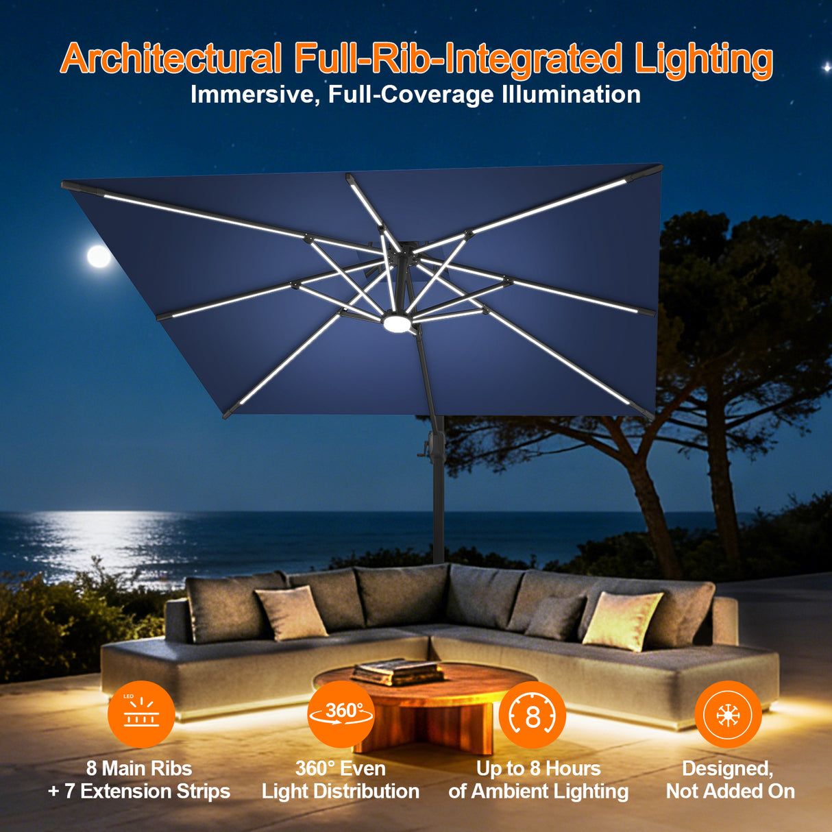 Patioslife Aegis Premium Cantilever Parasol with LED Strip Lights, Fibreglass Ribs & Powder-Coated Aluminium Pole — Luxury Garden & Patio Shade
