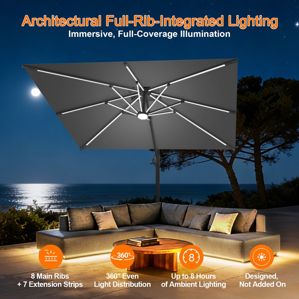 Patioslife Aegis Premium Cantilever Parasol with LED Strip Lights, Fibreglass Ribs & Powder-Coated Aluminium Pole — Luxury Garden & Patio Shade