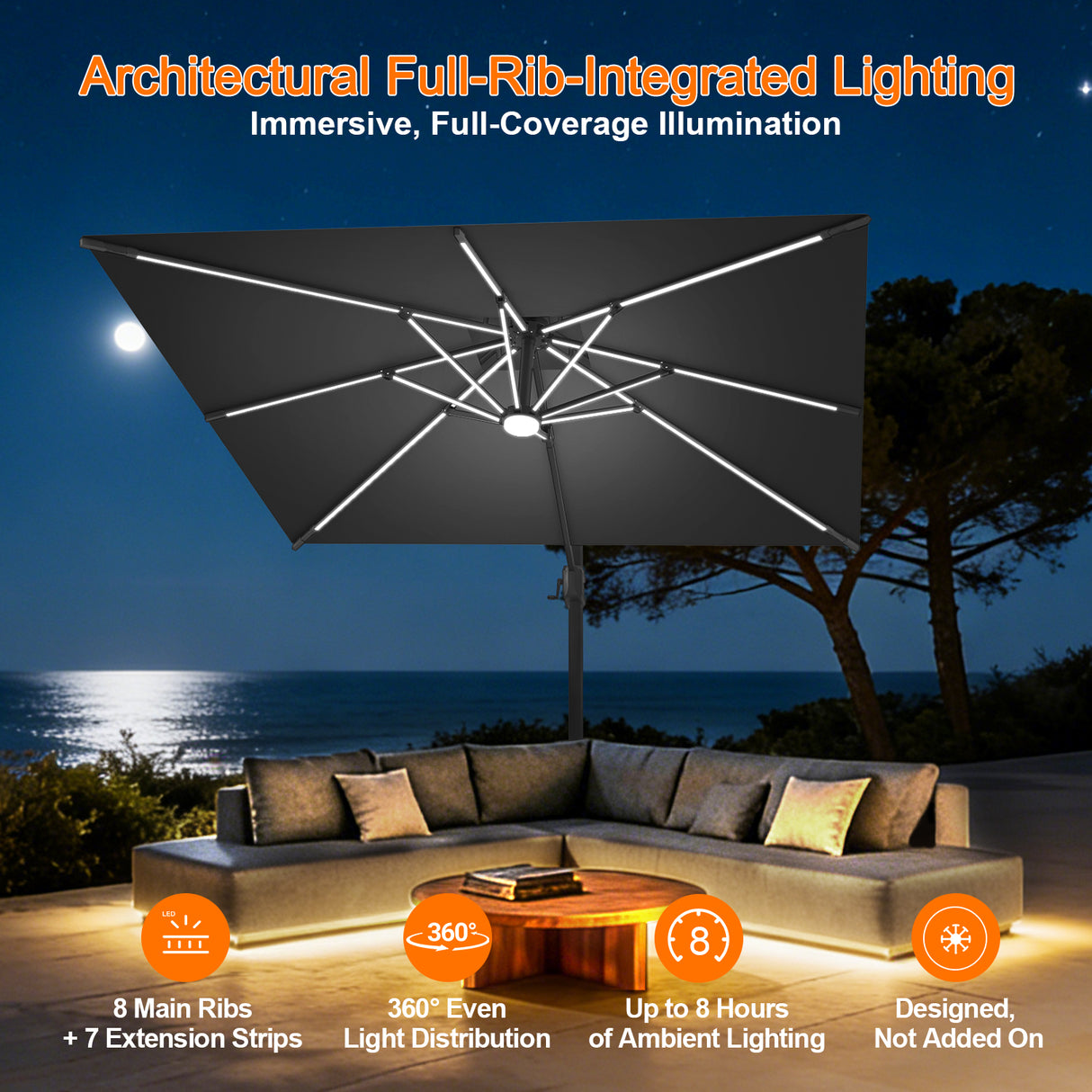 Patioslife Aegis Premium Cantilever Parasol with LED Strip Lights, Fibreglass Ribs & Powder-Coated Aluminium Pole — Luxury Garden & Patio Shade