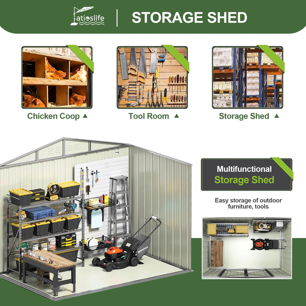 Patioslife Galvanised Steel Garden Shed Gable Roof Metal Outdoor Storage Unit Tool Shed for Garden Backyard Bike Storage All-Weather