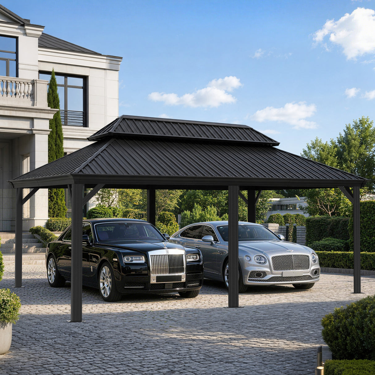 Patioslife Aluminium Carport with Steel Roof – Weatherproof Canopy for Cars, Motorbikes & Campervans