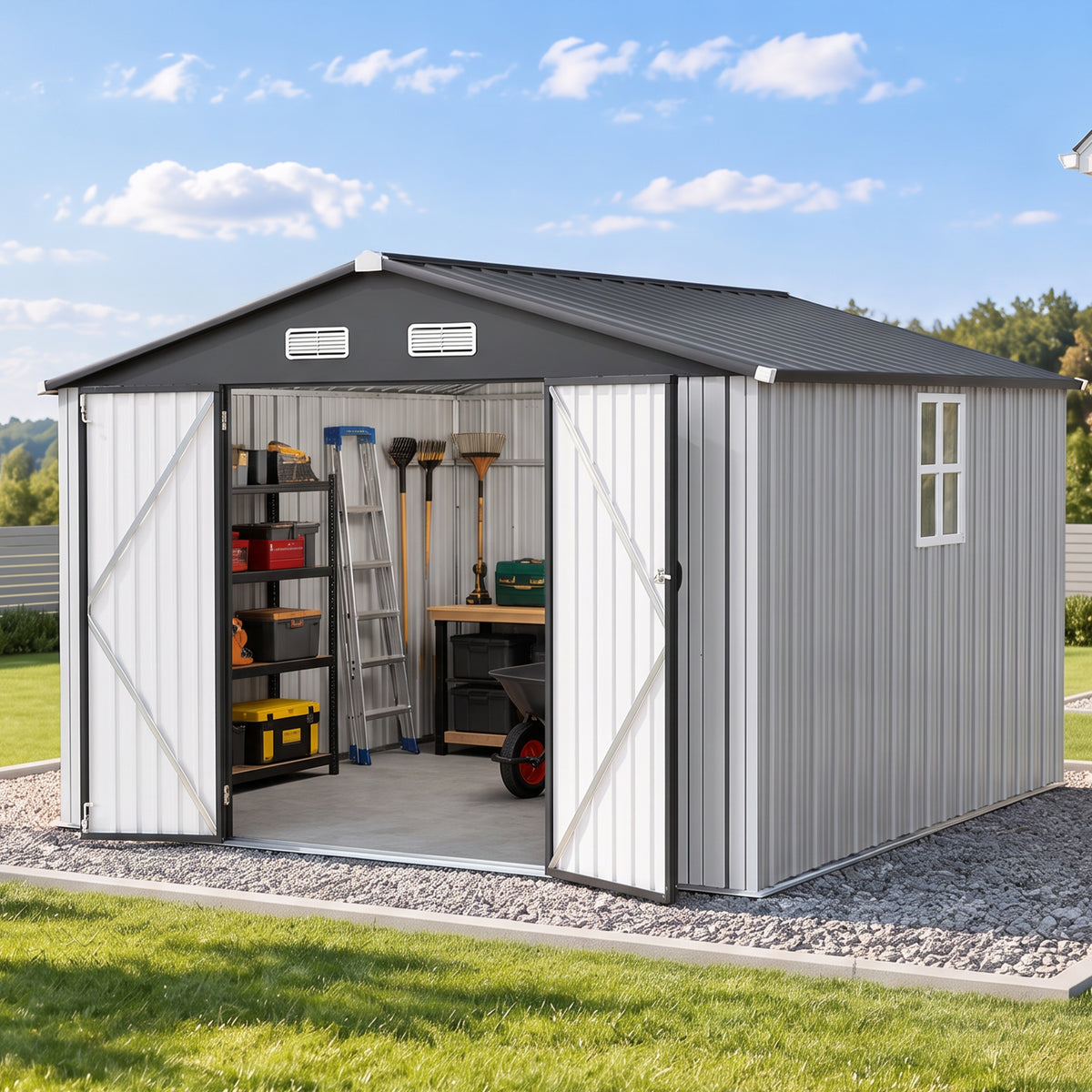 Patioslife YardVault Pro Galvanised Steel Metal Garden Shed with Window, Rust-Resistant Outdoor Tool Shed