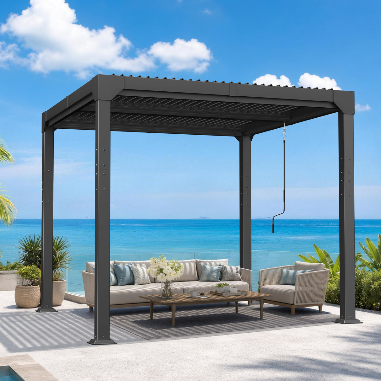 Patioslife Atlantic 3x3m Premium Louvered Pergola with Adjustable Roof Panels, Integrated Gutter System & Freestanding All-Weather Outdoor Shelter for Patio, Deck & Poolside