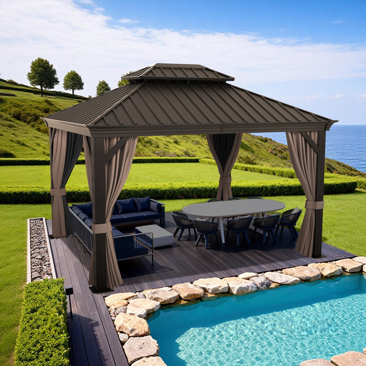 Patioslife Haven Hardtop Gazebo – Heavy-Duty Aluminium Frame, Double-Vented Roof & Curtains, Patio Pergola for Garden or Backyard