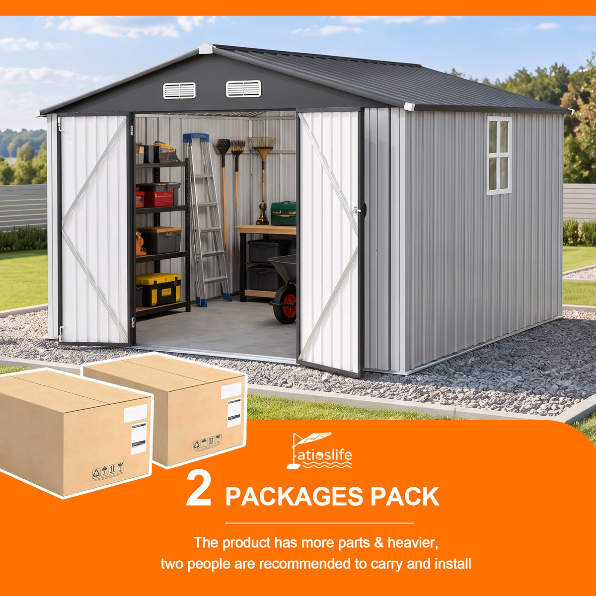 Patioslife YardVault Pro Galvanised Steel Metal Garden Shed with Window, Rust-Resistant Outdoor Tool Shed