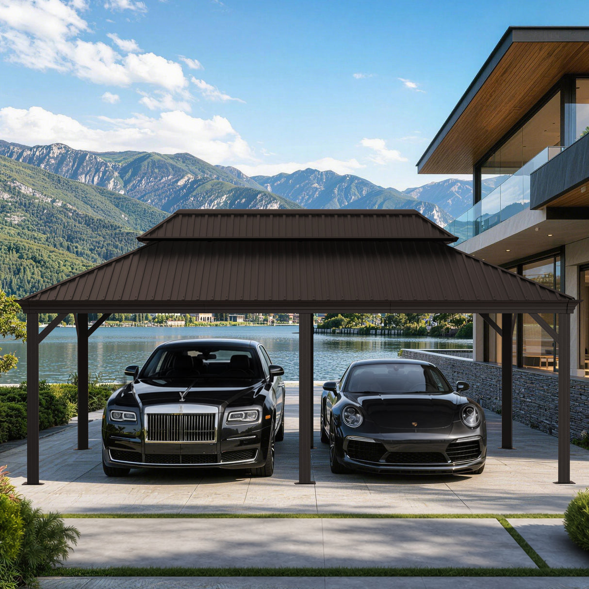 Patioslife Aluminium Carport with Steel Roof – Weatherproof Canopy for Cars, Motorbikes & Campervans
