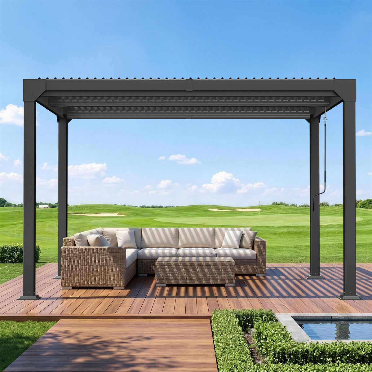 Patioslife Atlantic 3x4m Premium Louvered Pergola with Adjustable Roof Panels, Integrated Gutter System & Freestanding All-Weather Outdoor Shelter for Patio, Deck & Poolside