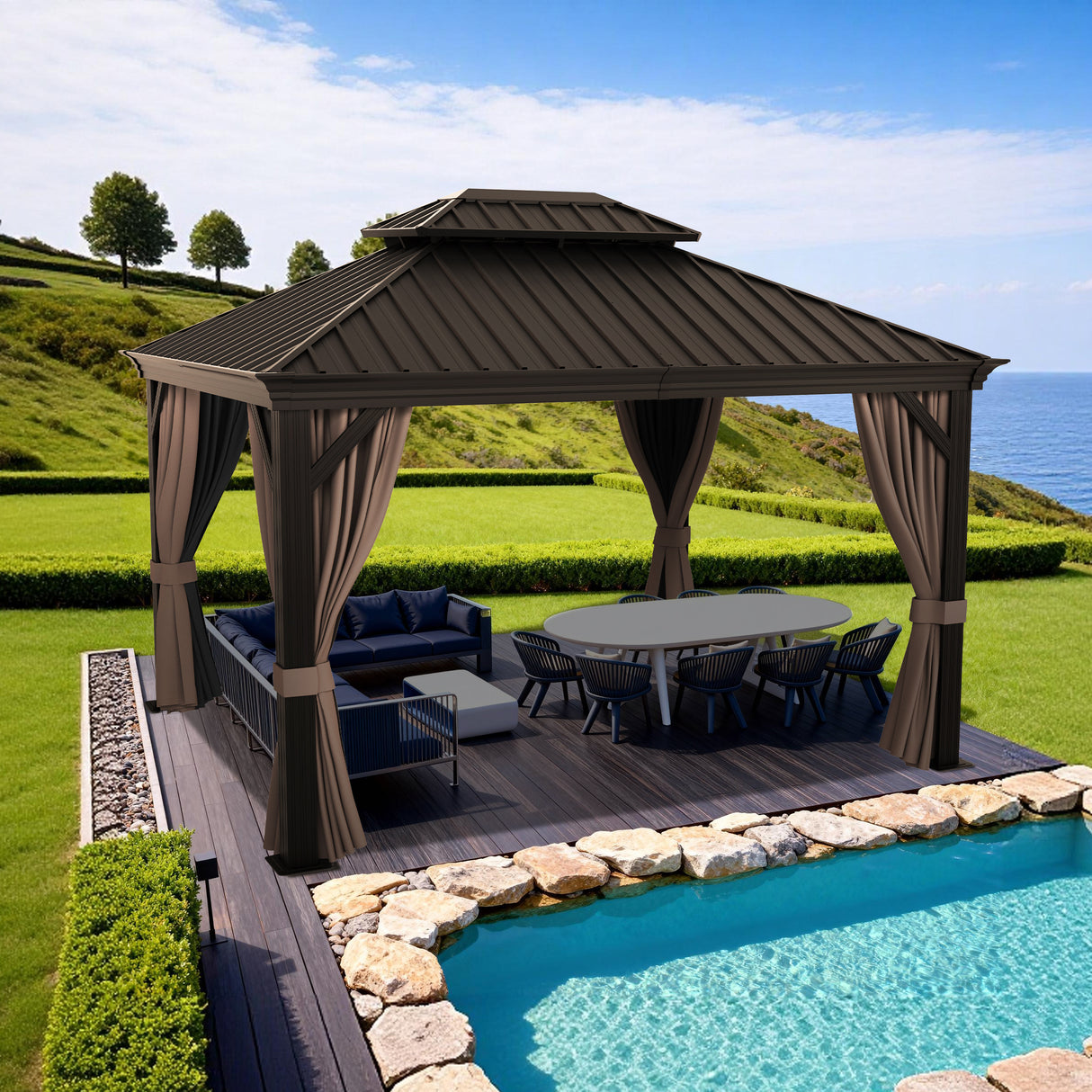 Patioslife Haven Hardtop Gazebo – Heavy-Duty Aluminium Frame, Double-Vented Roof & Curtains, Patio Pergola for Garden or Backyard