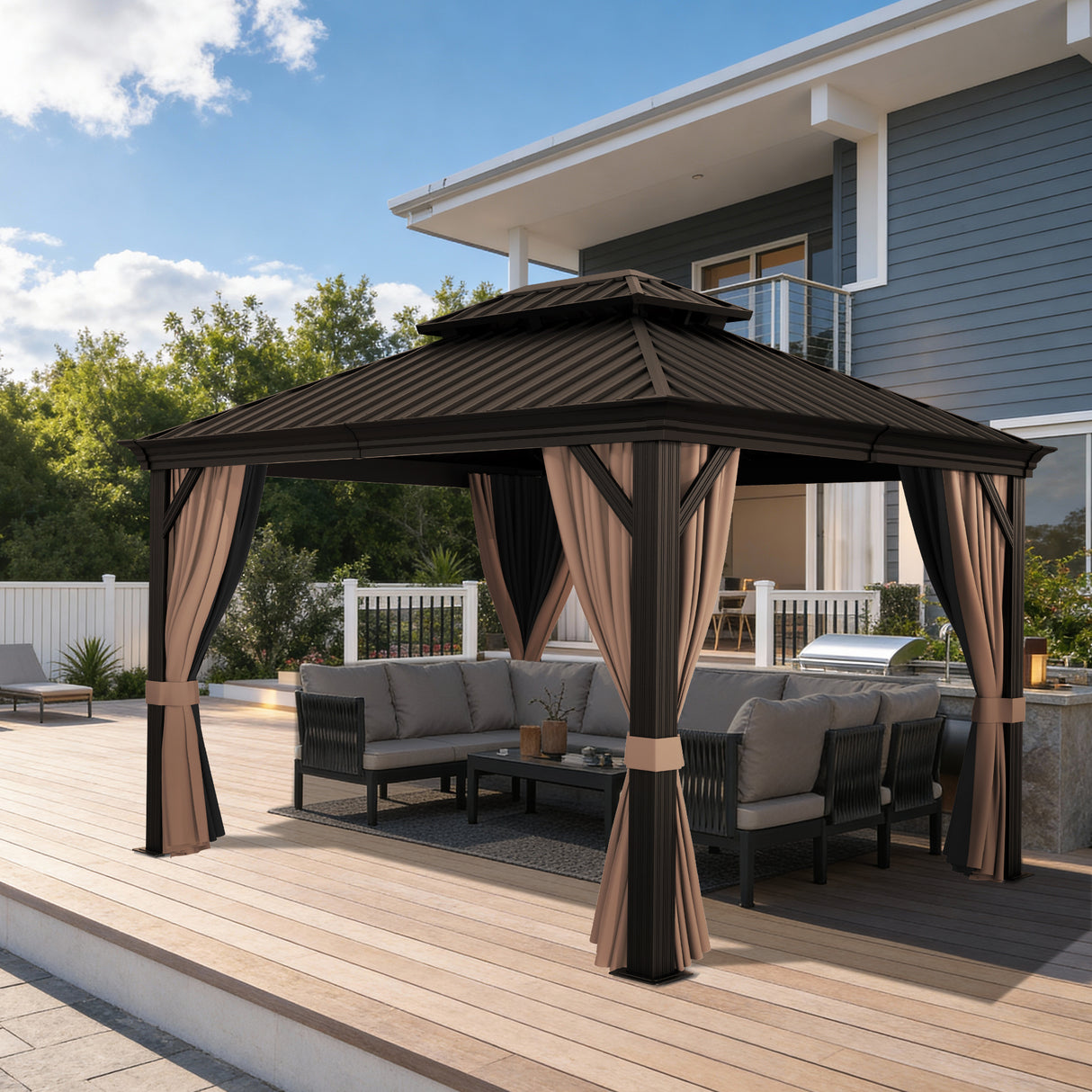 Patioslife Haven Hardtop Gazebo – Heavy-Duty Aluminium Frame, Double-Vented Roof & Curtains, Patio Pergola for Garden or Backyard