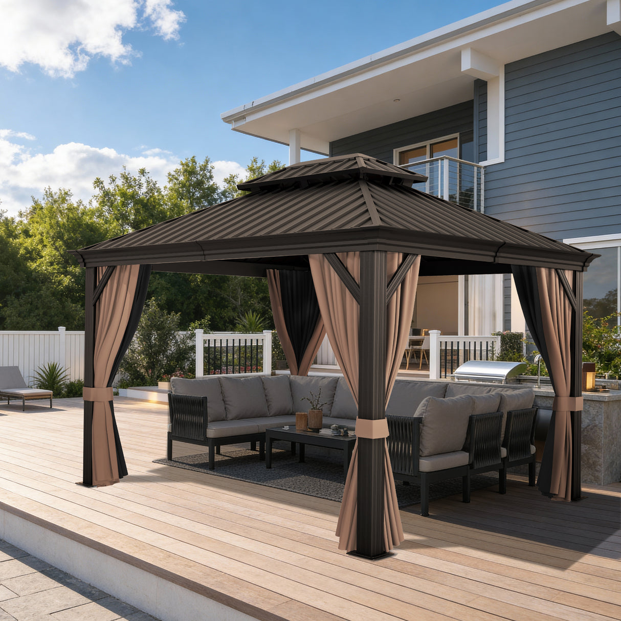 Patioslife Haven Hardtop Gazebo – Heavy-Duty Aluminium Frame, Double-Vented Roof & Curtains, Patio Pergola for Garden or Backyard