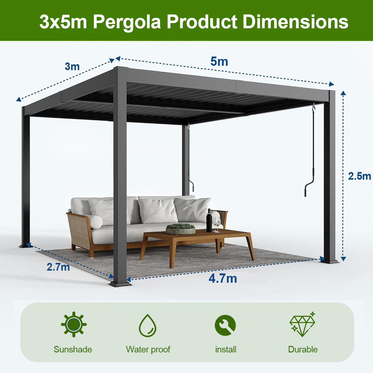 Patioslife Atlantic™ | Aluminium Louvered Pergola with Adjustable Roof & Built-In LED Lights, Freestanding All-Weather Shelter for Deck, Patio & Poolside