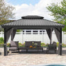 Patioslife Haven | 3.65 x 4.8m Brown Hardtop Gazebo, Heavy Duty Aluminum Frame, Double Vented Roof & Curtains for Patio & Garden
