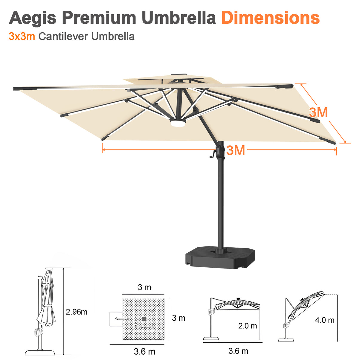 Patioslife Aegis Premium Cantilever Parasol with LED Strip Lights, Fibreglass Ribs & Powder-Coated Aluminium Pole — Luxury Garden & Patio Shade